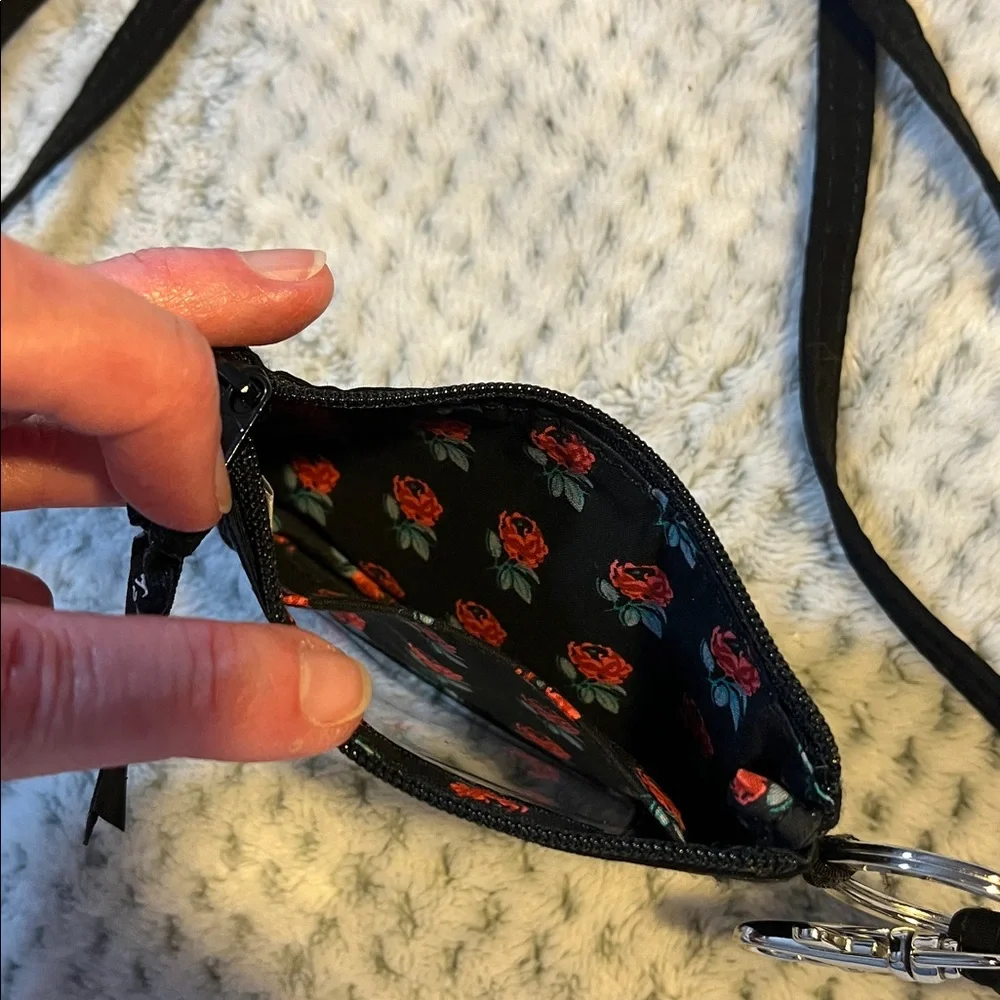 Vera Bradley Black Lanyard ID Wallet with Red Rose Print - Picture 2 of 3